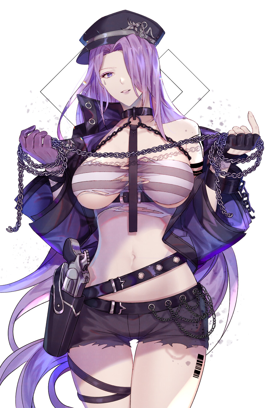 1girl, absurdres, barcode, black_survival, breasts, chain, choker, cowboy_shot