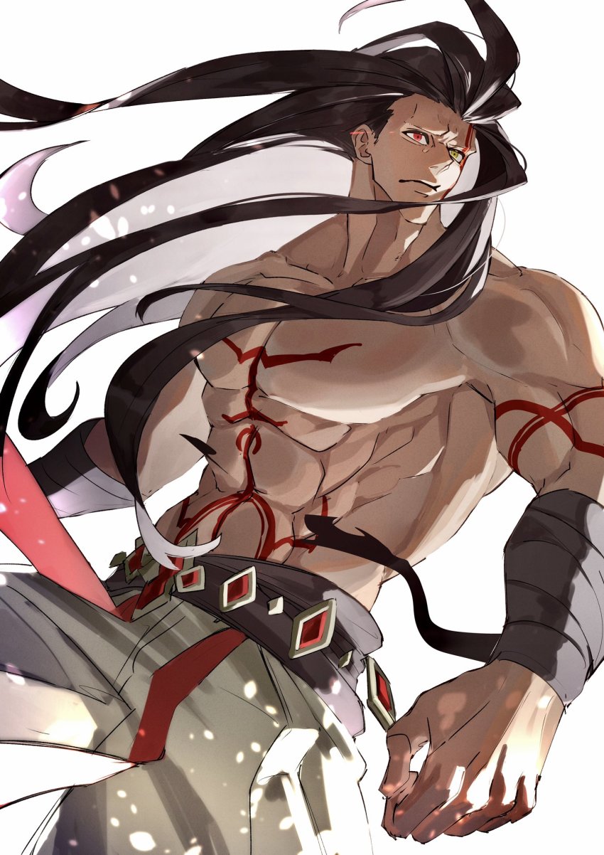 1boy, alcides_(fate), alternate_universe, bandages, bare_pectorals, black_hair, fate/grand_order, fate_(series), haruakira, heracles_(fate), heterochromia, highres, long_hair, looking_to_the_side, male_focus, muscular, muscular_male, navel, pectorals, red_eyes, simple_background, solo, tattoo, topless_male, upper_body, white_background, yellow_eyes