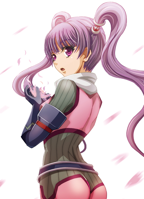 1girl, ass, back, blunt_bangs, bodysuit, elbow_gloves, female_focus, flower, gloves, glowing, hokuyuu, long_hair, petals, pink_eyes, purple_hair, solo, sophie_(tales), surprised, tales_of_(series), tales_of_graces, turtleneck, twintails, white_background
