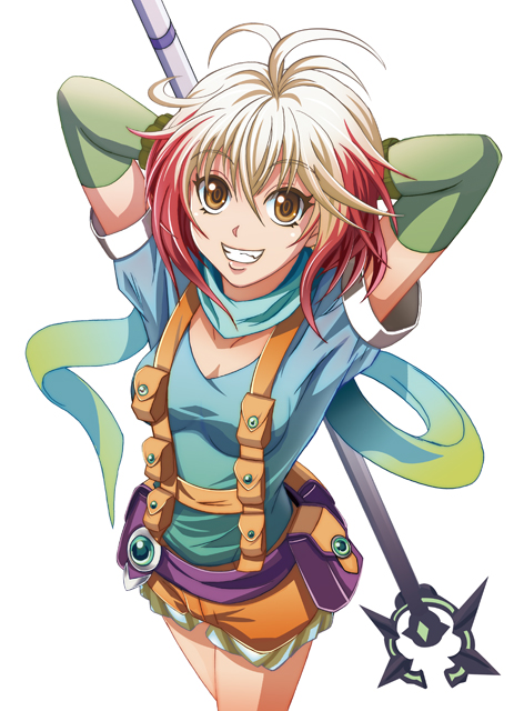 1girl, ahoge, blue_shirt, brown_eyes, elbow_gloves, female_focus, gloves, grin