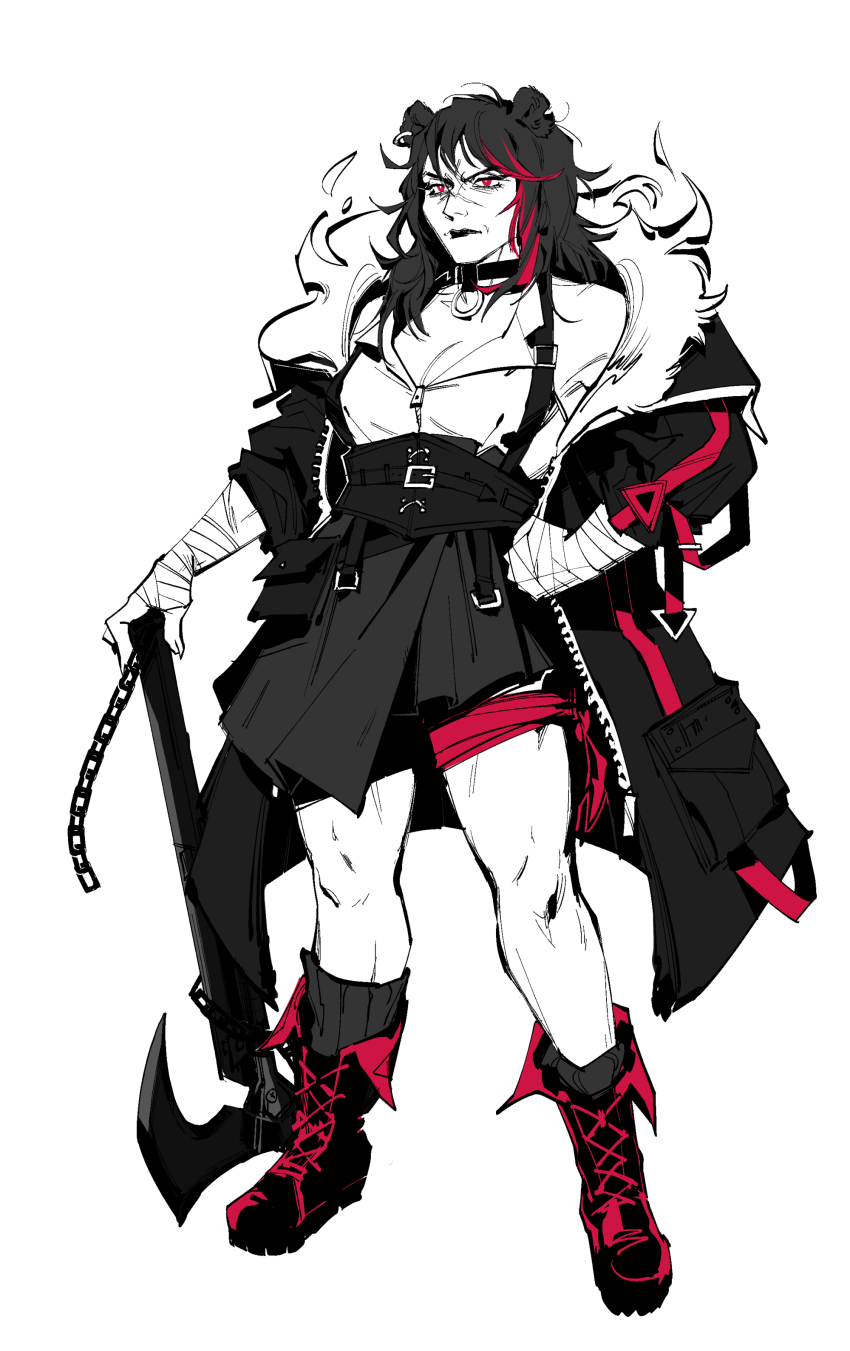 1girl, absurdres, aged_up, animal_ears, arknights, axe, bandaged_hand, bandaged_leg