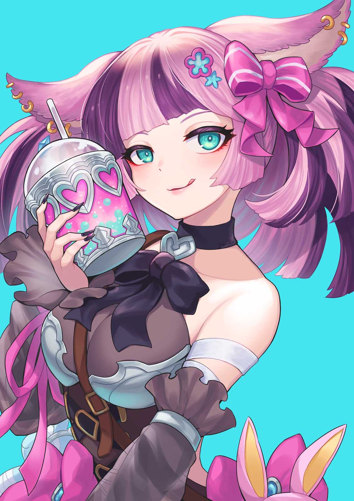 1girl, bandaged_arm, bandages, bare_shoulders, between_breasts, black_bow, black_bowtie, black_nails, blue_background, blunt_bangs, bow, bowtie, breasts, choker, cleavage, closed_mouth, cup, detached_sleeves, dress, ear_piercing, eyeshadow, fingernails, granblue_fantasy, green_eyes, hair_bow, hand_up, highres, holding, holding_cup, licking_lips, lips, long_hair, looking_at_viewer, makeup, manamel, manamel_(granblue_fantasy), medium_breasts, multicolored_hair, nail_polish, piercing, pink_hair, purple_hair, see-through_clothes, see-through_sleeves, sharp_fingernails, simple_background, solo, strap_between_breasts, strapless, strapless_dress, tongue, tongue_out, two-tone_hair, upper_body, yuiko_(yuiyuiko_108)