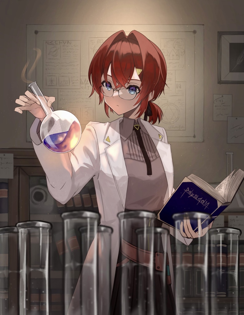 1girl, alchemy, ange_katrina, ange_katrina_(lab_coat), black_skirt, blue_eyes, book, bookshelf