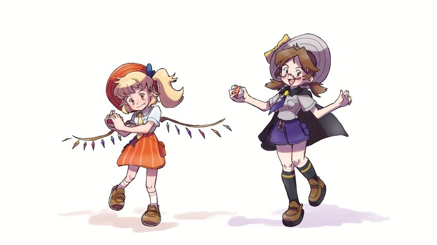 2girls, absurdres, black_cape, black_legwear, blue_necktie, blue_ribbon, blue_shorts, blush, brown_eyes, brown_footwear, cape, closed_mouth, commentary, cosplay, english_commentary, fang, flandre_scarlet, florian_(pokemon), florian_(pokemon)_(cosplay), full_body, hair_ribbon, hat, hat_ribbon, highres, holding, holding_poke_ball, juliana_(pokemon), juliana_(pokemon)_(cosplay), low_twintails, medium_hair, molly_yancey, multiple_girls, necktie, nintendo, official_style, open_mouth, orange_eyes, orange_headwear, orange_skirt, poke_ball, pokemon, pokemon_scarlet_and_violet, ribbon, shirt, shoes, shorts, side_ponytail, simple_background, skirt, socks, standing, standing_on_one_leg, touhou, twintails, usami_sumireko, white_background, white_headwear, white_legwear, white_shirt, wing_collar, yellow_necktie, yellow_ribbon
