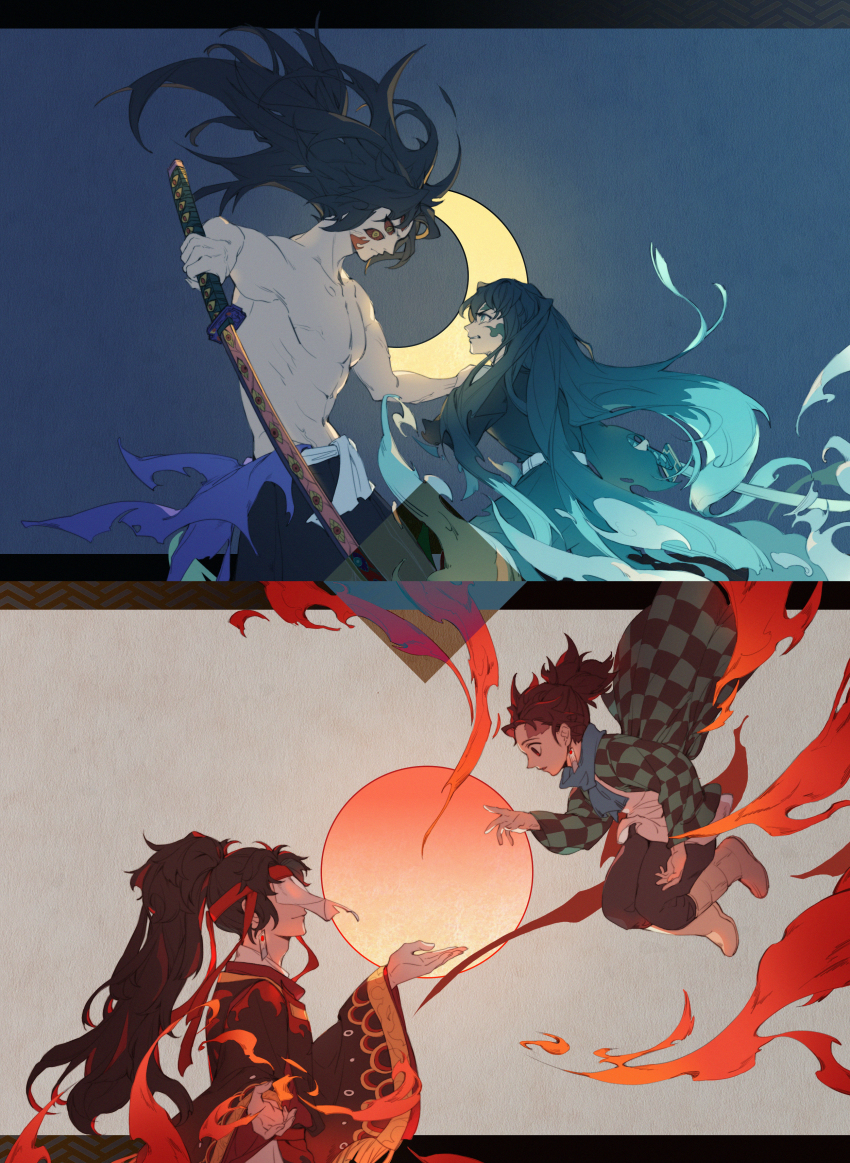 4boys, abs, absurdres, aqua_hair, battle, beckoning, black_hair, black_pants