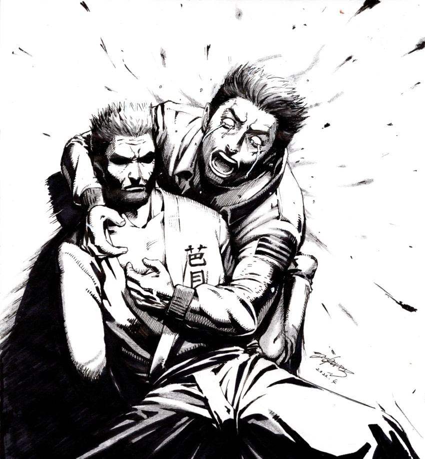 2boys, black_hair, bleeding, blood, collared_jacket, corpse, crying, crying_with_eyes_open