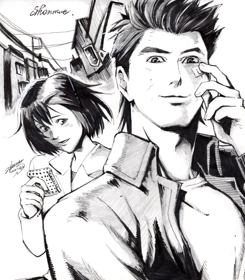 1boy, 1girl, bandaid, bandaid_on_face, black_hair, collared_jacket, greyscale, handkerchief, harasaki_nozomi, hazuki_ryou, highres, jacket, junejamesjun, leather, leather_jacket, logo, looking_at_viewer, medium_hair, monochrome, parted_hair, parted_lips, power_lines, shenmue, shenmue_the_animation, shirt, signature, sketch, smile, spiked_hair, town, white_shirt