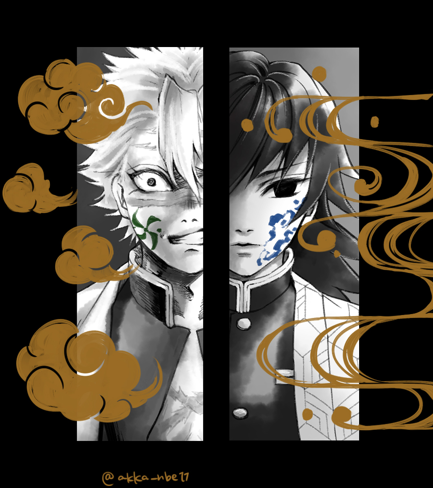 2boys, angry, clenched_teeth, cloud, column_lineup, demon_slayer_uniform, expressionless, facial_mark