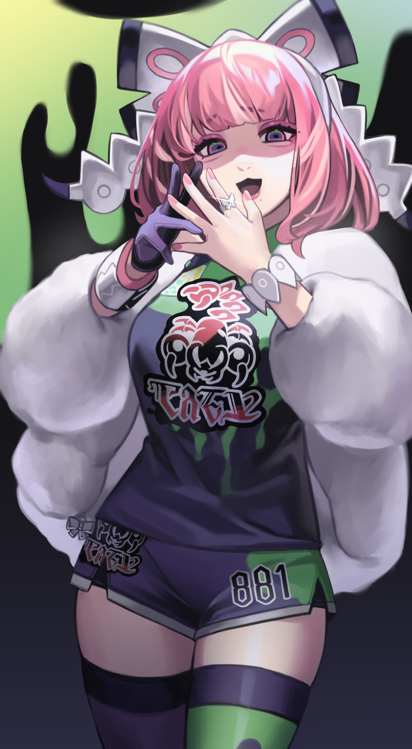 1girl, :d, absurdres, asymmetrical_legwear, bracelet, breasts, collared_shirt, commentary, dynamax_band, eyeshadow, fur_jacket, gloves, hands_up, highres, jacket, jewelry, klara_(pokemon), looking_at_viewer, makeup, mismatched_legwear, mole, mole_under_mouth, multicolored_thighhighs, nintendo, open_mouth, own_hands_together, partially_fingerless_gloves, pink_eyeshadow, pink_hair, pink_lips, pokemon, pokemon_sword_and_shield, ring, ropytic, shirt, shorts, single_glove, smile, solo, thighhighs, tongue, two-tone_thighhighs, white_jacket