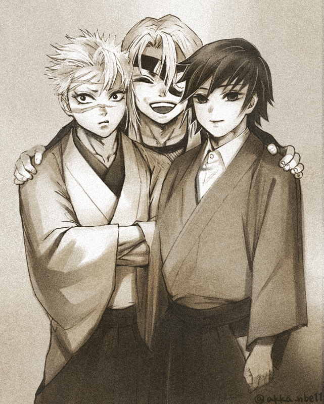 3boys, ^_^, arm_at_side, closed_eyes, closed_mouth, collared_shirt, cowboy_shot, crossed_arms, crystal, dress_shirt, eyepatch, facing_viewer, fishnets, hakama, hand_on_another's_shoulder, hands_in_opposite_sleeves, hands_up, japanese_clothes, kimetsu_no_yaiba, kimono, kitte_(kiki110100), long_sleeves, looking_at_viewer, male_focus, monochrome, multiple_boys, one_eye_covered, pout, scar, scar_on_face, scar_on_forehead, scar_on_nose, shinazugawa_sanemi, shirt, short_hair, sideways_glance, smile, taking_picture, tomioka_giyuu, twitter_username, uzui_tengen