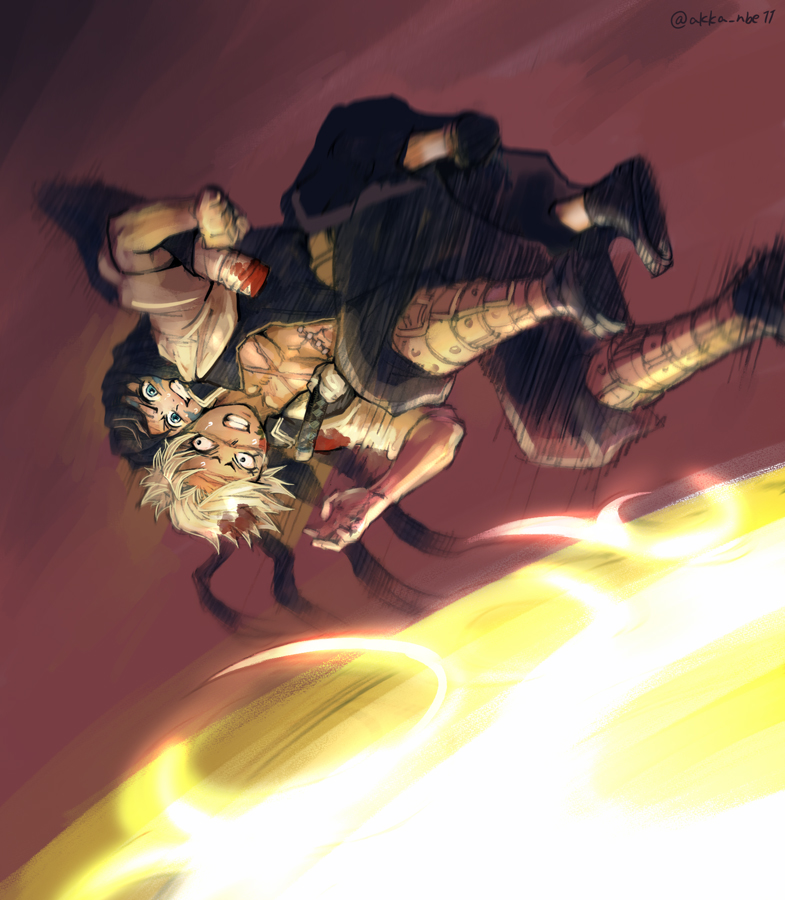 2boys, action, amputee, bandaged_arm, bandages, black_hair, black_legwear, black_pants, blood, clenched_hand, clenched_teeth, crescent, cross_scar, demon_slayer_uniform, facial_mark, feet_out_of_frame, glowing, glowing_hair, hand_up, haori, hug, hug_from_behind, injury, japanese_clothes, katana, kimetsu_no_yaiba, kitte_(kiki110100), leg_belt, long_hair, looking_at_another, male_focus, midair, motion_blur, multiple_boys, open_clothes, pants, red_background, sandals, scar, scar_on_chest, scar_on_face, scar_on_forehead, scar_on_nose, shinazugawa_sanemi, shoe_soles, short_hair, sideways_glance, surprised, sword, tabi, teeth, tokitou_muichirou, weapon, white_hair, zouri