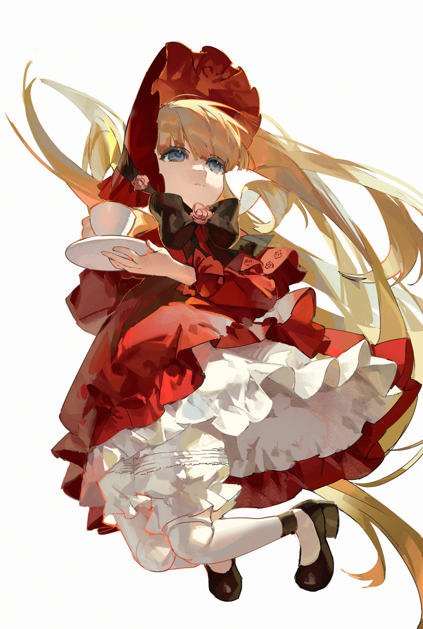1girl, black_bow, black_bowtie, black_shoes, blonde_hair, blue_eyes, bonnet, bow