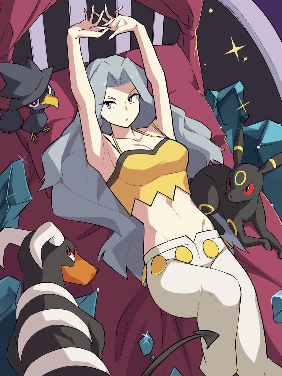 1girl, arms_up, bare_arms, breasts, cleavage, closed_mouth, commentary_request, gen_2_pokemon, grey_eyes, grey_hair, highres, houndoom, karen_(pokemon), kiwi_of_ruin, korean_commentary, long_hair, lying, midriff, murkrow, nintendo, on_back, on_bed, pants, pillow, pokemon, pokemon_(creature), pokemon_heartgold_and_soulsilver, pokemon_team, shirt, umbreon, white_pants, yellow_shirt