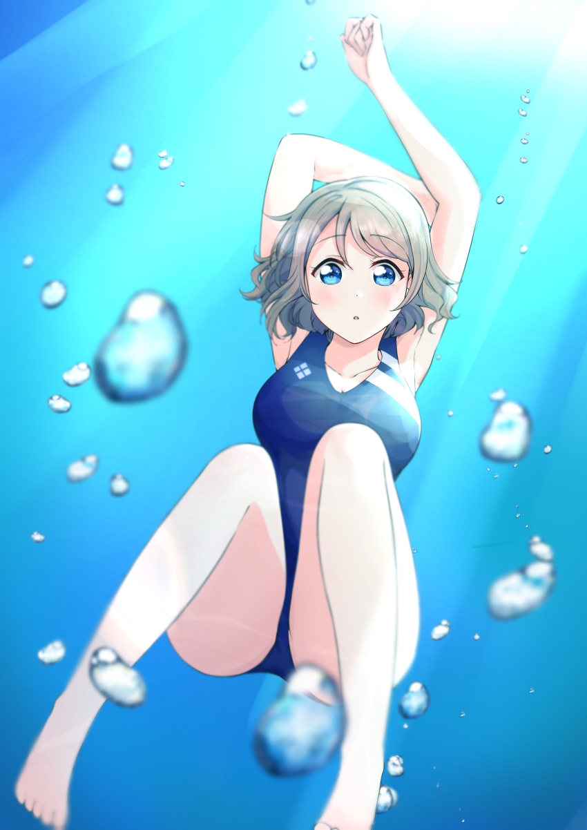 1girl, :o, absurdres, air_bubble, arm_up, blue_eyes, blue_one-piece_swimsuit, blue_theme