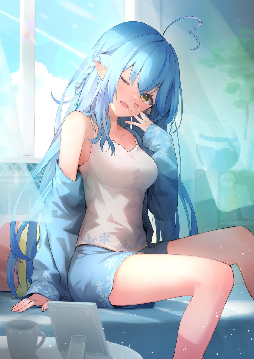 1girl, absurdres, adapted_costume, ahoge, alternate_costume, asymmetrical_hair, blue_hair, blue_jacket