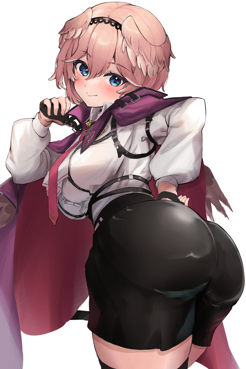 1girl, absurdres, ascot, ass, ass_focus, black_gloves, black_hairband, black_shorts, black_thighhighs, blue_eyes, blush, breasts, closed_mouth, coat, coat_on_shoulders, collared_shirt, commentary, cowboy_shot, dress_shirt, fingerless_gloves, from_behind, gloves, hair_between_eyes, hairband, hand_on_own_hip, head_wings, high-waist_shorts, highres, hololive, long_sleeves, looking_at_viewer, looking_back, medium_breasts, multiple_straps, necktie, pink_hair, purple_coat, red_necktie, shirt, short_hair, short_shorts, shorts, simple_background, smile, solo, soyoghi, standing, strap, takane_lui, takane_lui_(1st_costume), thighhighs, thighs, twisted_torso, virtual_youtuber, white_ascot, white_background, white_shirt, wing_collar, wings, zettai_ryouiki