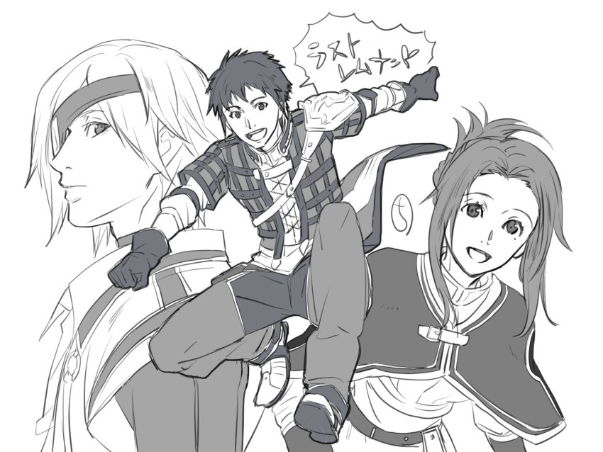 1girl, 2boys, closed_mouth, david_nassau, eyepatch, gloves, greyscale, highres