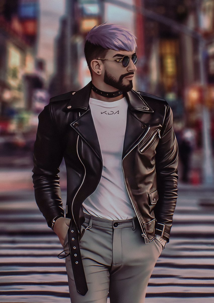 1boy, bara, beard, black_choker, black_hair, black_jacket, blurry, blurry_background