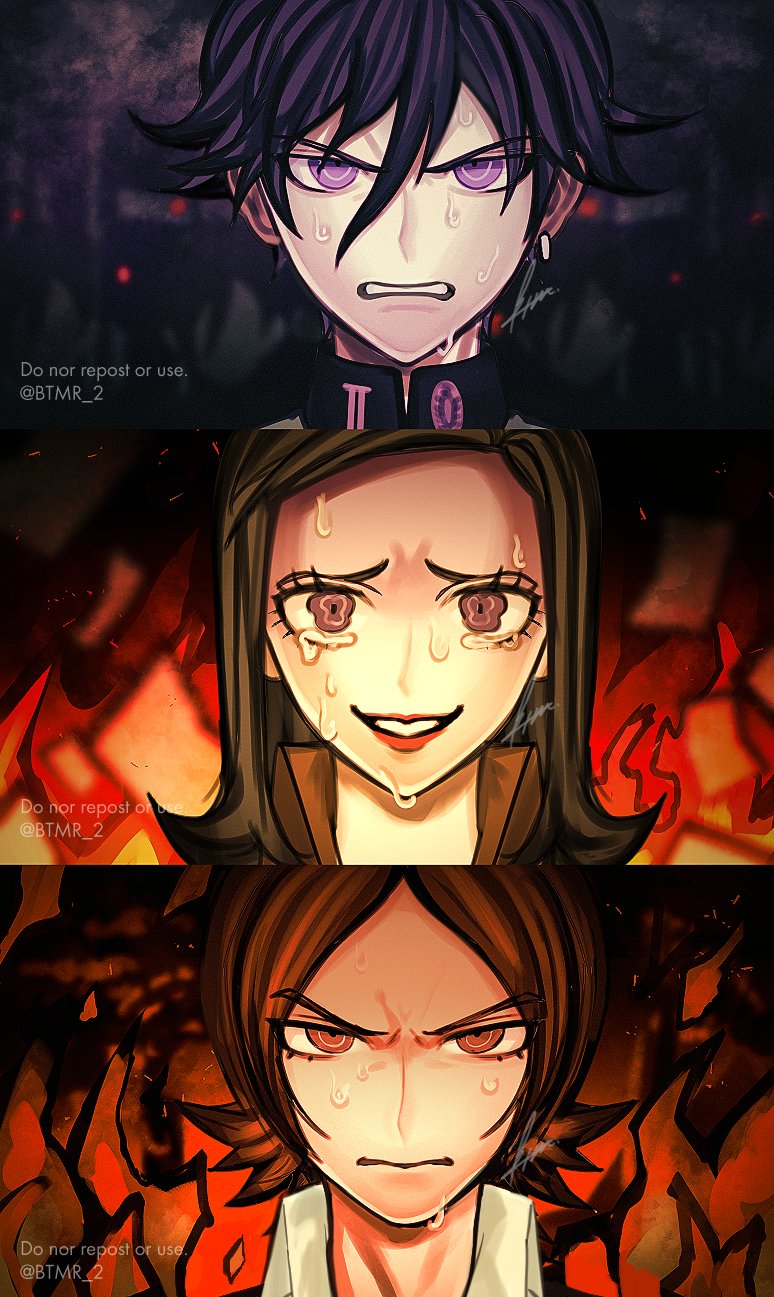 1girl, 2boys, amano_maya, black_hair, brown_eyes, brown_hair, btmr_game, closed_mouth