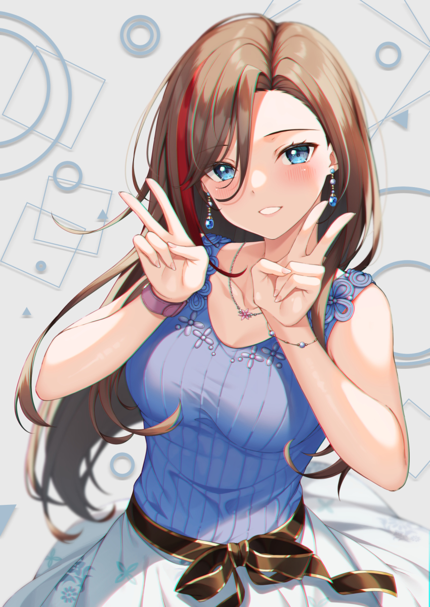 1girl, blue_eyes, bracelet, brown_hair, collarbone, double_v, earrings, grin
