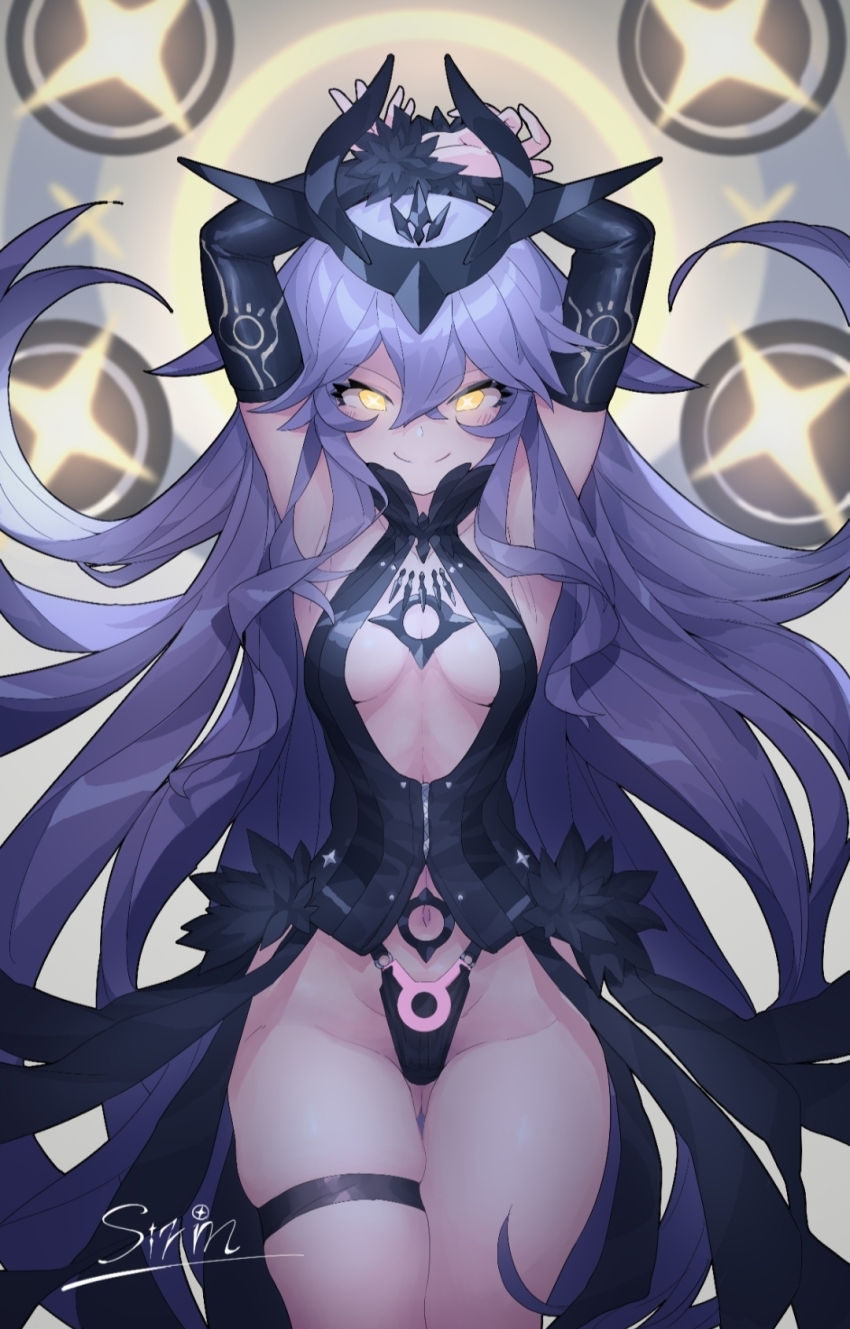 1girl, armpits, arms_up, black_dress, black_panties, breasts, character_name, cleavage