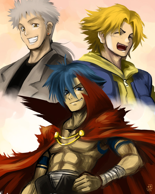 00s, 3boys, blonde_hair, blue_eyes, blue_hair, cape, crossover, earrings