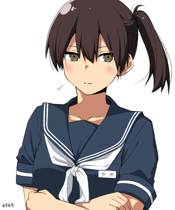 1girl, alternate_costume, blue_sailor_collar, blue_serafuku, blush, breasts, brown_eyes, brown_hair, closed_mouth, crossed_arms, flying_sweatdrops, hair_between_eyes, kaga_(kancolle), kantai_collection, looking_at_viewer, medium_breasts, moti_coi, name_tag, neckerchief, one-hour_drawing_challenge, ponytail, sailor_collar, school_uniform, serafuku, short_sleeves, side_ponytail, signature, simple_background, solo, upper_body, white_background, white_neckerchief