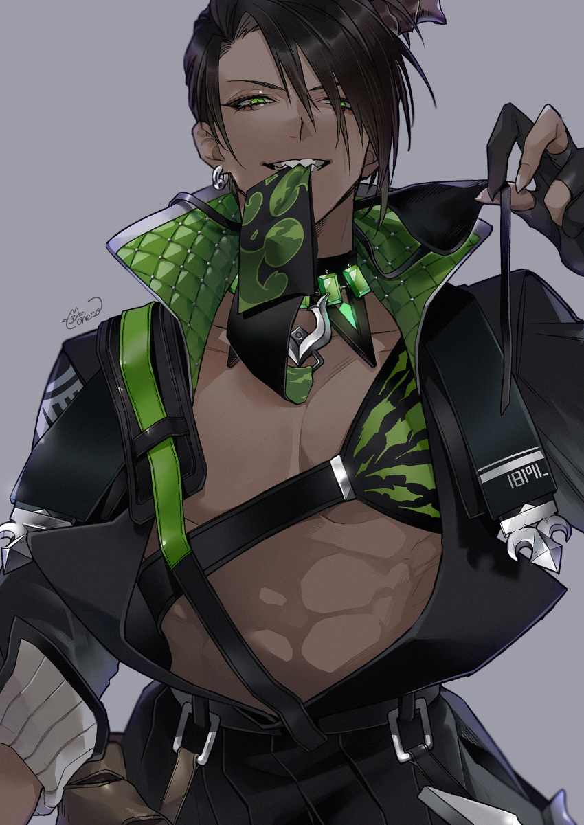 1boy, abs, absurdres, aragami_oga, belt, belt_pouch, black_collar, black_gloves