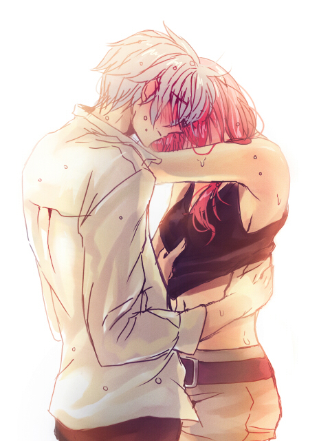 10s, 1boy, 1girl, bad_id, bad_pixiv_id, clothes_lift, couple, final_fantasy, final_fantasy_xiii, hope_estheim, lightning_farron, mizu_no, aged_up, pink_hair, shirt_lift, silver_hair, sweat, undressing, wet