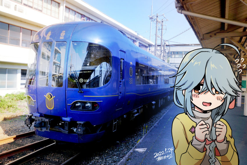 1girl, ahoge, artist_name, black_ribbon, braid, brown_eyes, clenched_hands, commentary_request