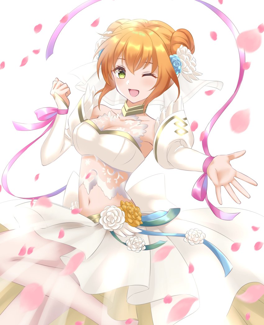 1girl, :d, absurdres, bare_shoulders, collarbone, crop_top, detached_sleeves, double_bun, dress, fire_emblem, fire_emblem:_the_binding_blade, fire_emblem_heroes, flower, green_eyes, hair_bun, hair_flower, hair_ornament, highres, kakiko210, larum_(bridal)_(fire_emblem), larum_(fire_emblem), looking_at_viewer, medium_hair, midriff, nintendo, official_alternate_costume, one_eye_closed, open_mouth, orange_hair, outstretched_arm, pink_ribbon, ribbon, smile, solo, strapless, strapless_dress, wedding, wedding_dress, white_dress