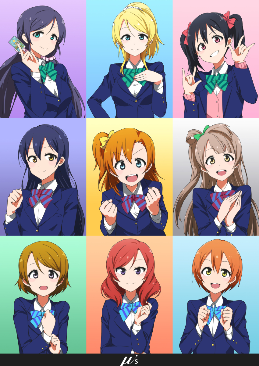 6+girls, 9koma, :d, absurdres, ayase_eli, black_hair, blonde_hair, blue_eyes, blue_hair, bowtie, diagonal-striped_bow, diagonal-striped_bowtie, diagonal-striped_clothes, green_eyes, highres, hoshizora_rin, kidachi, koizumi_hanayo, kosaka_honoka, long_hair, looking_at_viewer, love_live!, minami_kotori, multiple_girls, nishikino_maki, open_mouth, orange_hair, ponytail, purple_eyes, red_hair, school_uniform, short_hair, smile, sonoda_umi, striped_bow, striped_bowtie, striped_clothes, tagme, tojo_nozomi, twintails, yazawa_nico, yellow_eyes