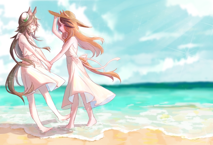 2girls, 7nosuke, alternate_costume, animal_ears, barefoot, beach, blurry, blurry_background