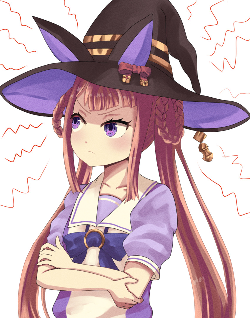 1girl, annoyed, breasts, brown_hair, collarbone, crossed_arms, hair_rings, hat