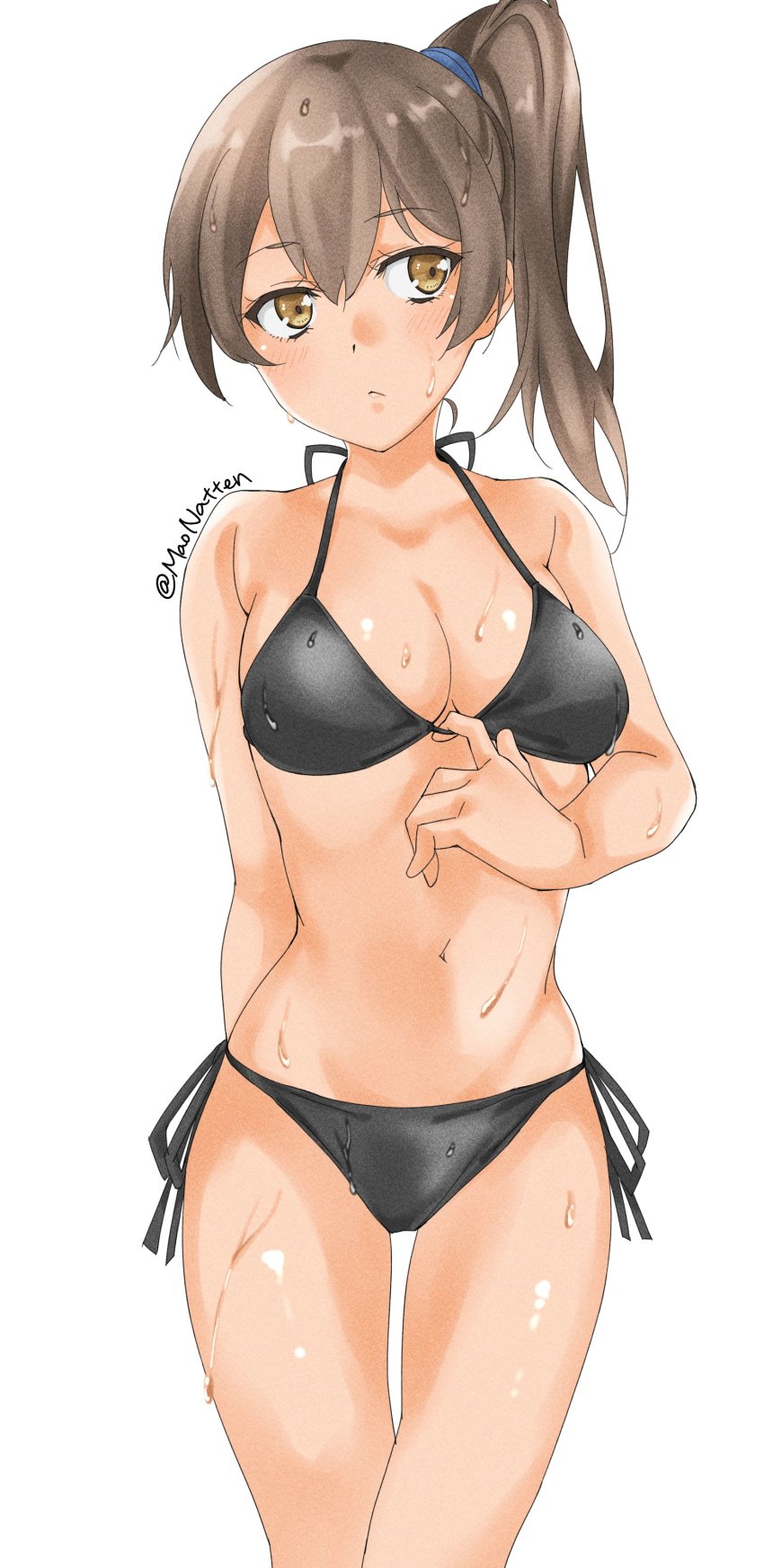 1girl, absurdres, bikini, black_bikini, breasts, brown_eyes, brown_hair, cleavage