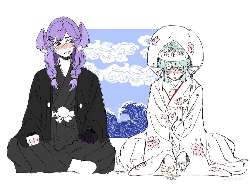 2girls, aqua_nails, black_kimono, blue_eyes, blush, braid, bride, closed_eyes