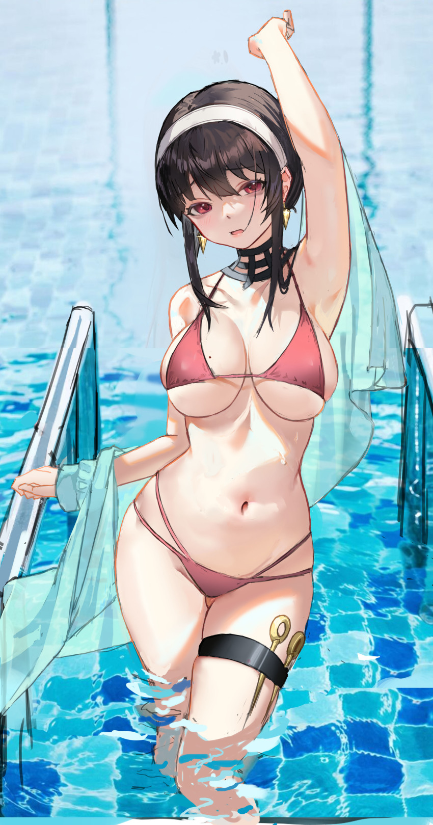 1girl, absurdres, arm_up, armpits, bikini, black_choker, black_hair, breasts