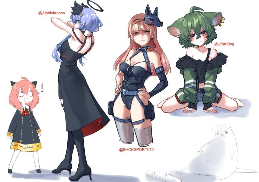 4girls, absurdres, anya_(spy_x_family), baguette, bare_shoulders, belt, black_belt, black_dress, black_sleeves, boots, bread, breasts, child, collarbone, commission, cosplay, detached_sleeves, dress, earrings, food, fox_mask, green_eyes, green_hair, grey_legwear, hair_between_eyes, hairpods, high_heel_boots, high_heels, highres, jewelry, leotard, makurano_neena, mask, mask_on_head, medium_breasts, multiple_girls, o-ring, off_shoulder, original, pink_hair, popopoka, production_kawaii, shorts, sitting, smile, spy_x_family, thighhighs, virtual_youtuber, yor_briar, yor_briar_(cosplay)