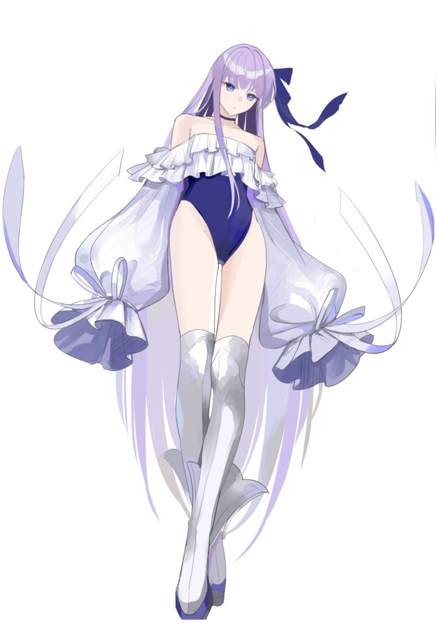 1girl, absurdres, bad_id, bad_pixiv_id, blue_eyes, blue_one-piece_swimsuit, boots, chilli_646