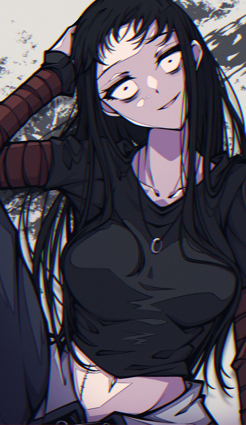 1girl, absurdres, bags_under_eyes, black_hair, breasts, collarbone, feet_out_of_frame, hand_on_own_head