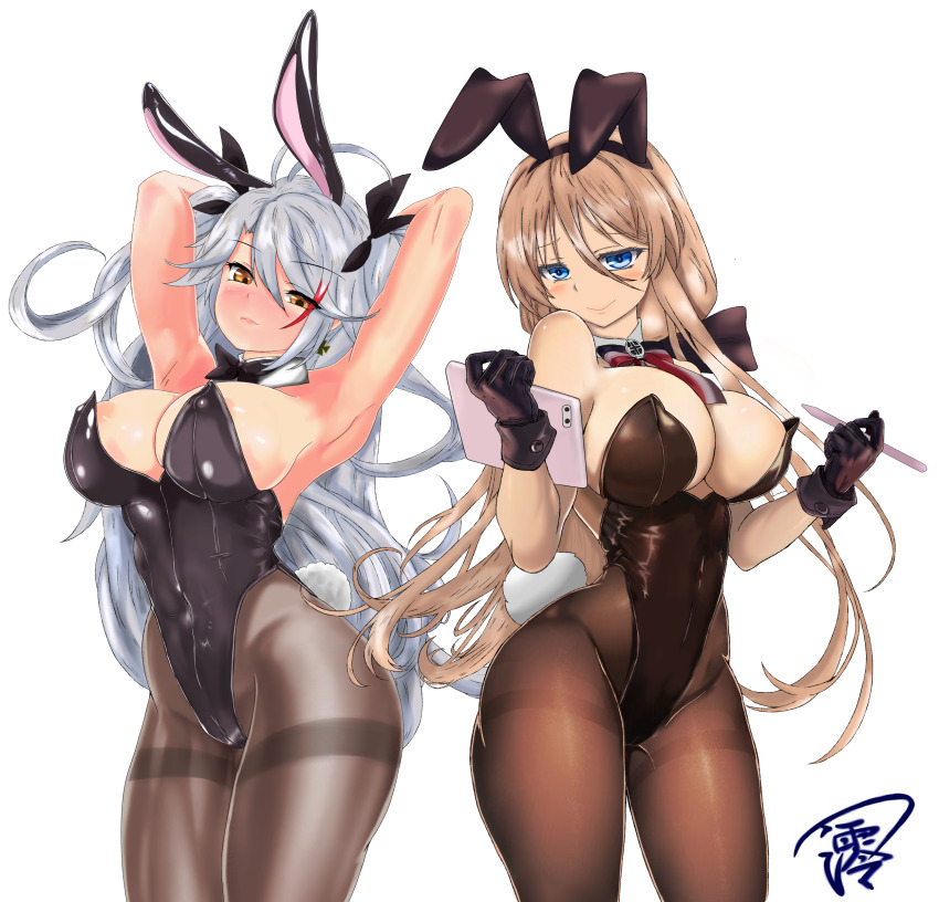 2girls, absurdres, animal_ears, arms_behind_head, azur_lane, bismarck_(azur_lane), black_gloves, black_leotard, blue_eyes, bow, bowtie, breasts, cleavage, contrapposto, detached_collar, fake_animal_ears, fake_tail, gloves, grey_hair, hair_between_eyes, highleg, highleg_leotard, highres, large_breasts, leotard, light_brown_hair, long_hair, multicolored_hair, multiple_girls, oversized_breast_cup, pantyhose, playboy_bunny, prinz_eugen_(azur_lane), rabbit_ears, rabbit_tail, red_hair, simple_background, strapless, strapless_leotard, streaked_hair, tail, thighband_pantyhose, traditional_bowtie, tsukinoha_mio, two-tone_hair, white_background, wrist_cuffs, yellow_eyes