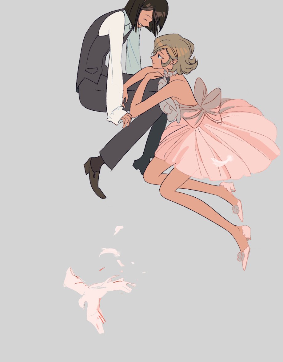 2girls, ^_^, arm_support, back_bow, bird, black_footwear, black_hair, black_legwear