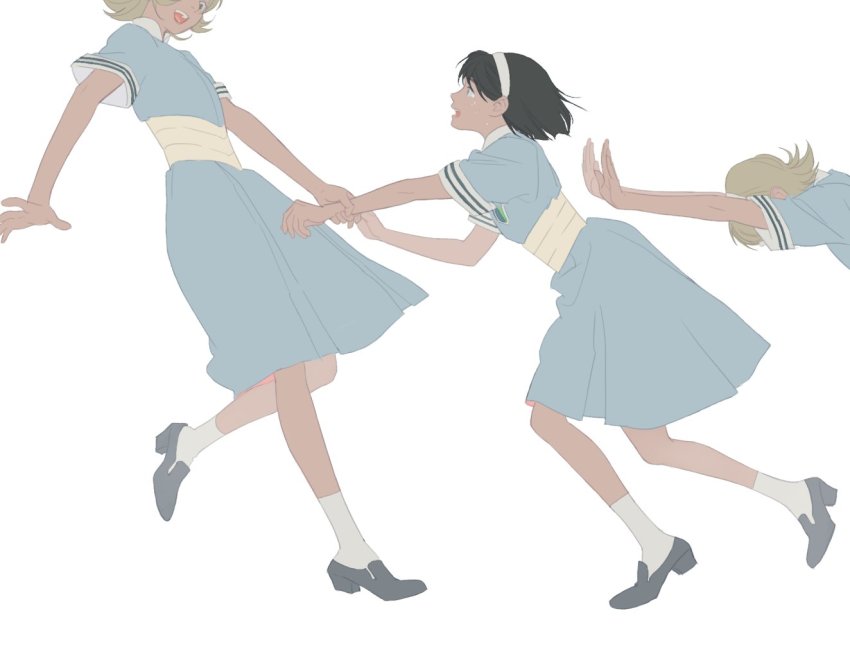 3girls, :d, bare_arms, black_hair, blonde_hair, blue_dress, commentary, crying