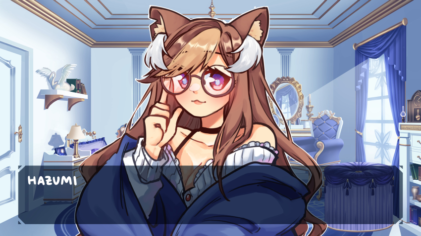1girl, absurdres, animal_ear_fluff, animal_ears, black_choker, blue_jacket, breasts, brown_hair, character_name, choker, cleavage, collarbone, curtains, dialogue_box, fake_screenshot, glasses, hazumi_aileen, highres, indie_virtual_youtuber, jacket, lamp, leech_(leecchie), lion_ears, lion_girl, long_hair, mirror, off_shoulder, pink_eyes, round_eyewear, shirt, solo, template, video_game_dialogue_box, virtual_youtuber, visual_novel, white_shirt, window
