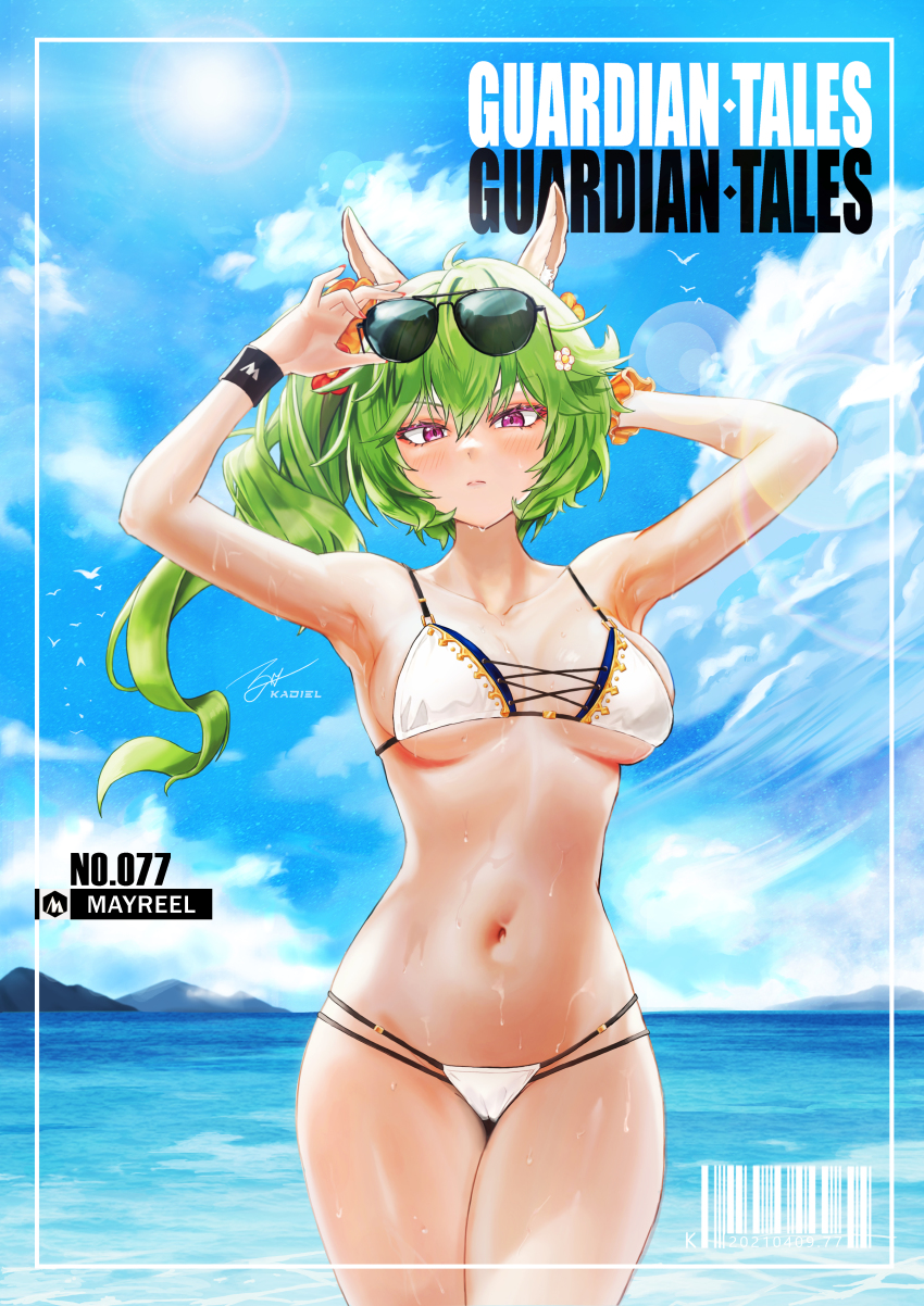 1girl, absurdres, adjusting_eyewear, animal_ears, armpits, arms_up, bare_arms, bare_shoulders