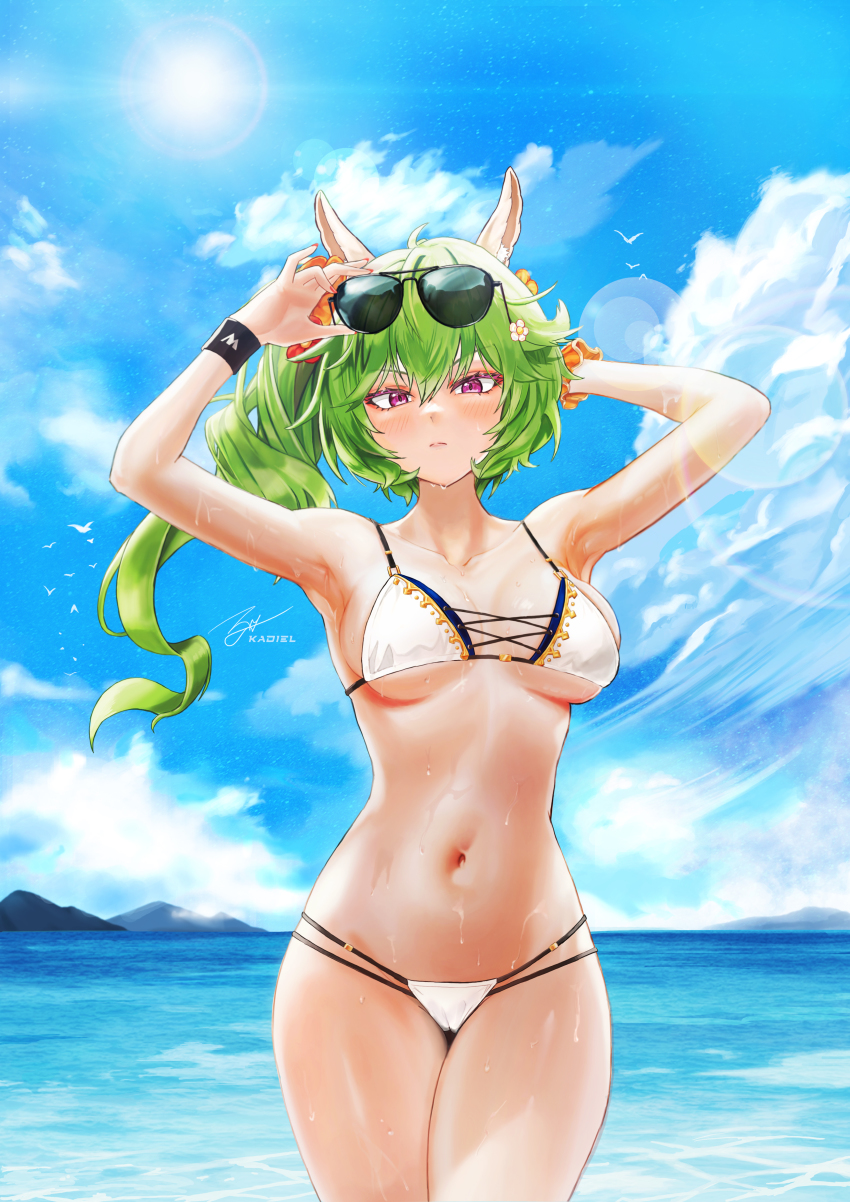 1girl, absurdres, adjusting_eyewear, animal_ears, armpits, arms_up, bare_arms, bare_shoulders