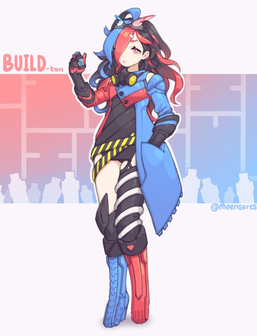 1girl, asymmetrical_footwear, asymmetrical_legwear, belt, black_leotard, blue_eyes, blue_hair, boots