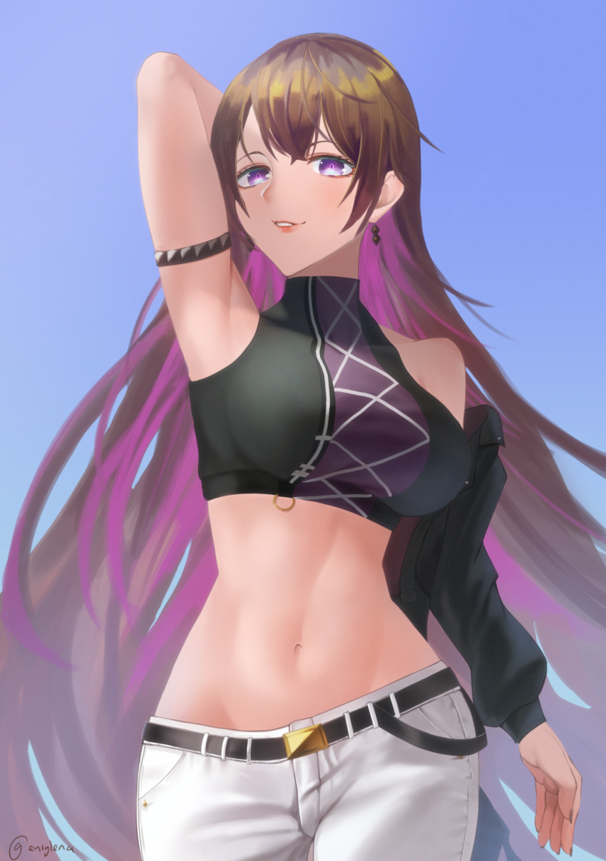 1girl, arm_strap, arm_up, armpits, bare_shoulders, belt, black_belt, black_jacket, black_shorts, blue_background, breasts, brown_hair, commentary, cowboy_shot, d4dj, earrings, eurylena, groin, hair_between_eyes, highres, himegami_shano, jacket, jacket_partially_removed, jewelry, large_breasts, long_hair, looking_at_viewer, midriff, multicolored_hair, navel, off_shoulder, pants, parted_lips, pink_hair, purple_eyes, shirt, shorts, sidelocks, simple_background, sleeveless, sleeveless_shirt, smile, solo, standing, turtleneck, twitter_username, two-tone_hair, white_pants