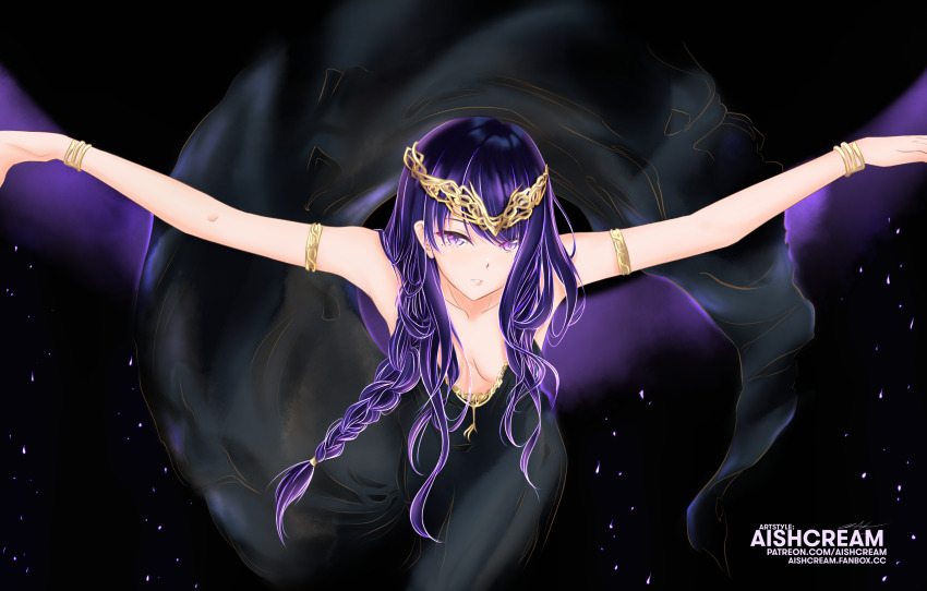 1girl, absurdres, aishcream24, black_dress, bracelet, braid, breasts, cleavage