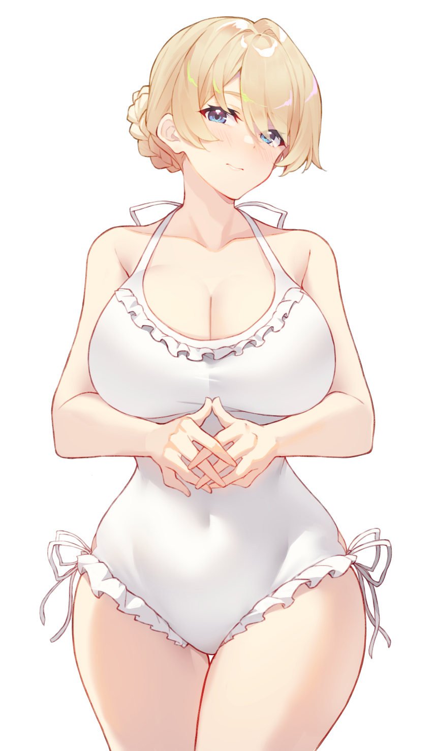 1girl, absurdres, blonde_hair, blue_eyes, blush, breasts, cleavage, covered_navel